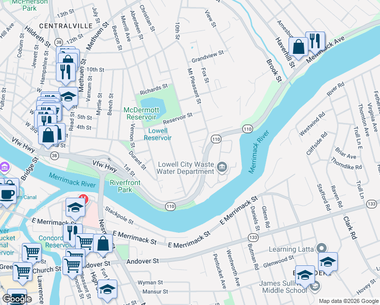 map of restaurants, bars, coffee shops, grocery stores, and more near 52 Christian Street in Lowell
