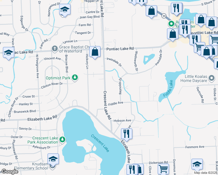 map of restaurants, bars, coffee shops, grocery stores, and more near 760 Crescent Lake Road in Waterford Township
