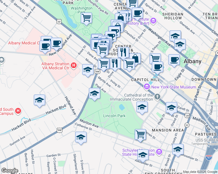 map of restaurants, bars, coffee shops, grocery stores, and more near 146 Dove Street in Albany
