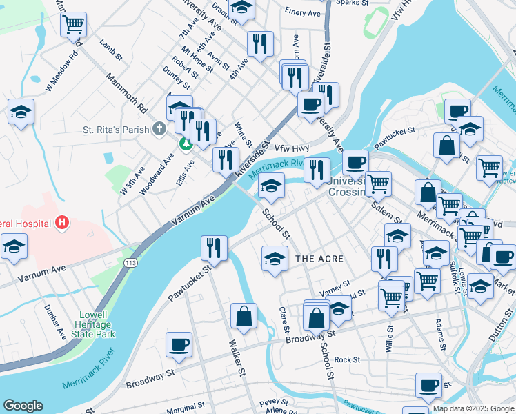 map of restaurants, bars, coffee shops, grocery stores, and more near 23 Mammoth Road in Lowell