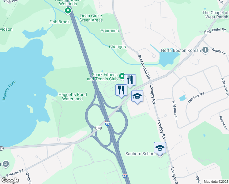 map of restaurants, bars, coffee shops, grocery stores, and more near 311 Lowell Street in Andover