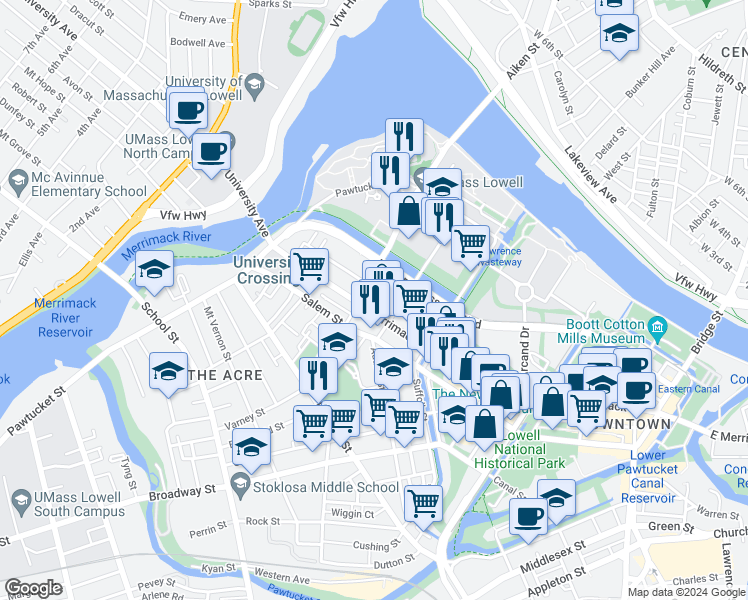 map of restaurants, bars, coffee shops, grocery stores, and more near 24 Austin Street in Lowell