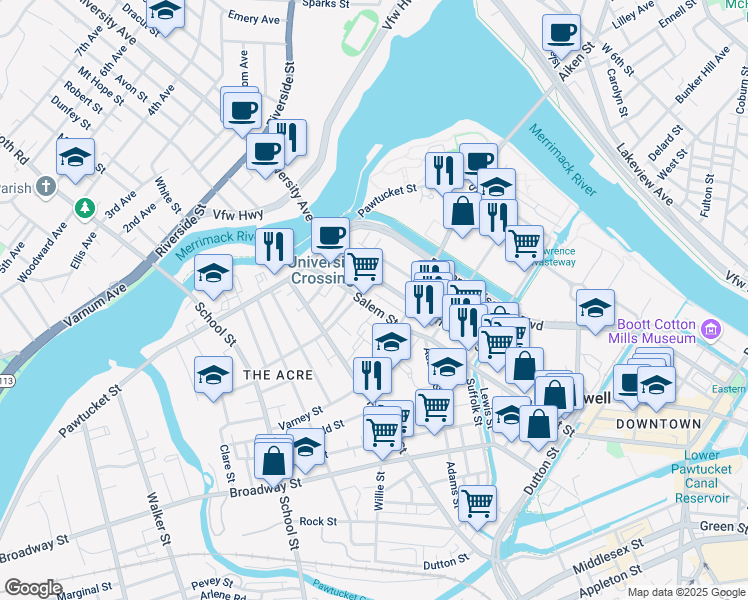 map of restaurants, bars, coffee shops, grocery stores, and more near 790 Merrimack Street in Lowell
