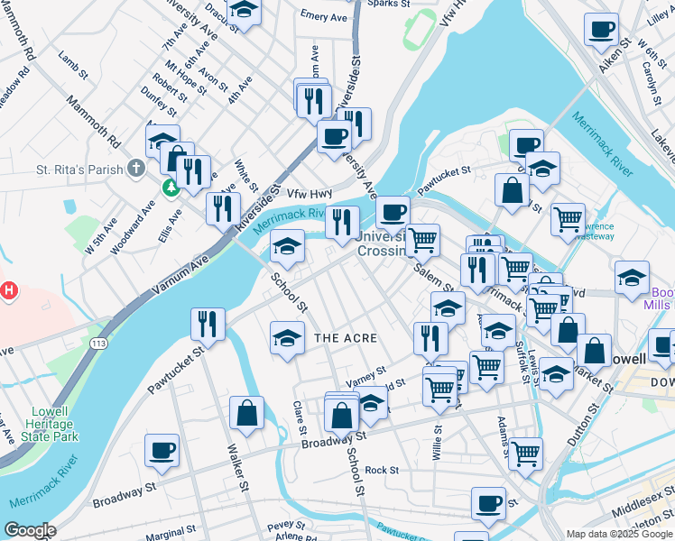 map of restaurants, bars, coffee shops, grocery stores, and more near 287 Pawtucket Street in Lowell