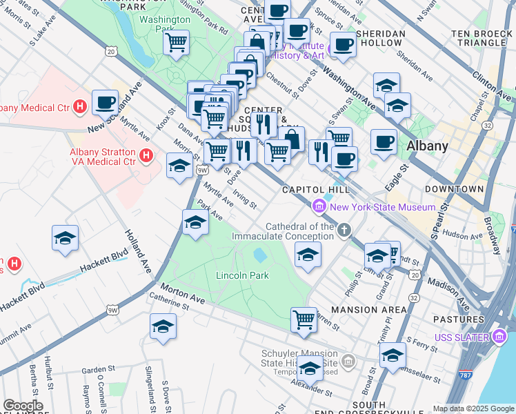 map of restaurants, bars, coffee shops, grocery stores, and more near 208 Elm Street in Albany
