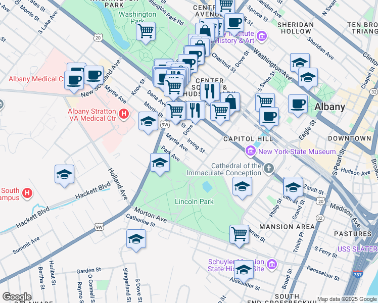 map of restaurants, bars, coffee shops, grocery stores, and more near 146 Dove Street in Albany
