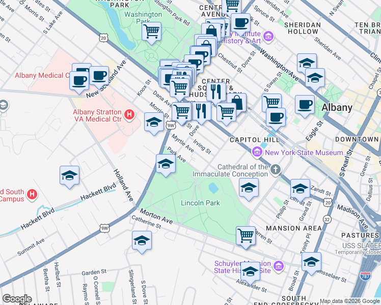 map of restaurants, bars, coffee shops, grocery stores, and more near 146 Dove Street in Albany