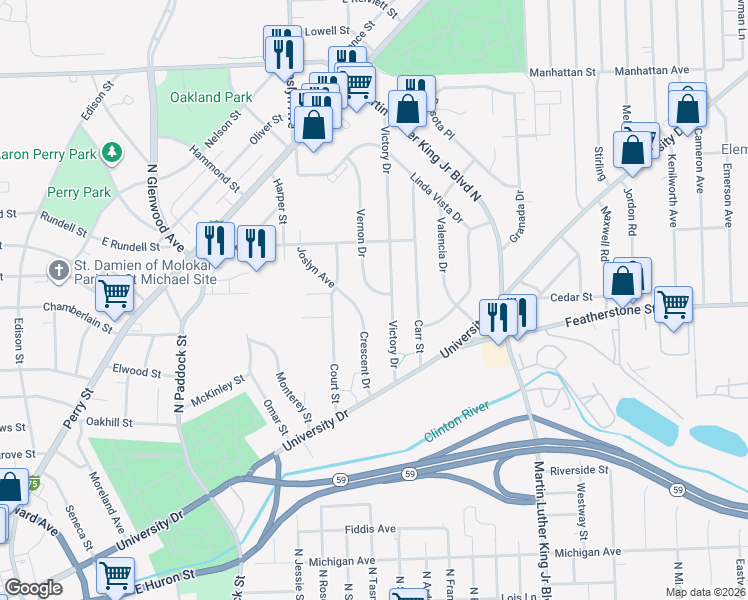 map of restaurants, bars, coffee shops, grocery stores, and more near 117 Vernon Drive in Pontiac