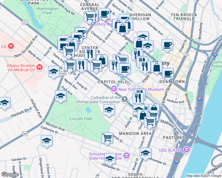 map of restaurants, bars, coffee shops, grocery stores, and more near 279 Madison Avenue in Albany
