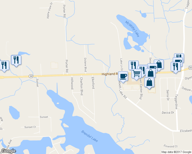 map of restaurants, bars, coffee shops, grocery stores, and more near 7716 Highland Road in White Lake charter Township