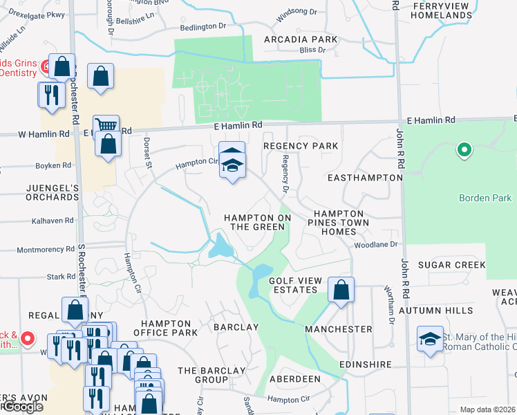 map of restaurants, bars, coffee shops, grocery stores, and more near 504 Tennyson in Rochester Hills