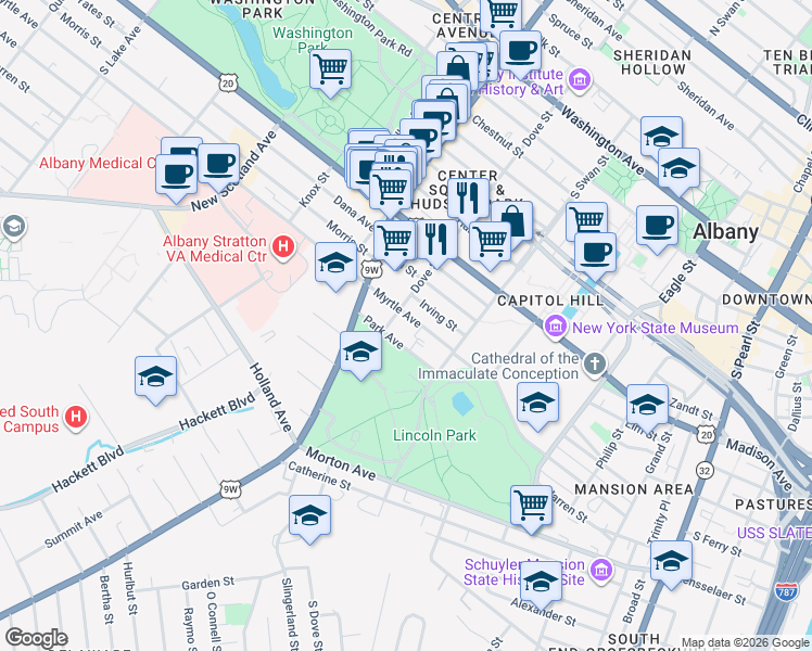 map of restaurants, bars, coffee shops, grocery stores, and more near 146 Dove Street in Albany