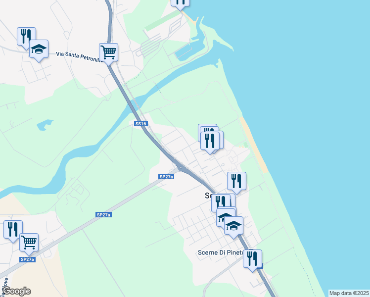 map of restaurants, bars, coffee shops, grocery stores, and more near 77 Via Vomano Vecchio in Scerne
