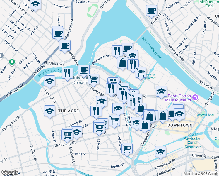 map of restaurants, bars, coffee shops, grocery stores, and more near 39 Aiken Street in Lowell