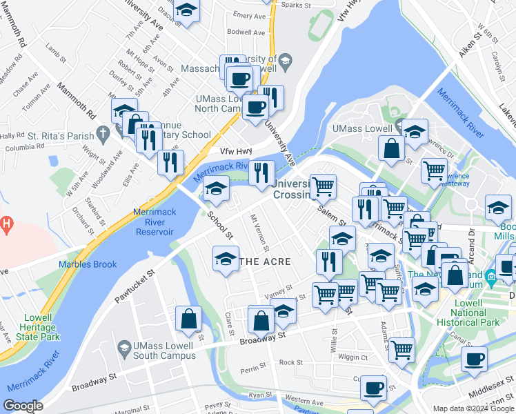 map of restaurants, bars, coffee shops, grocery stores, and more near 287 Pawtucket Street in Lowell