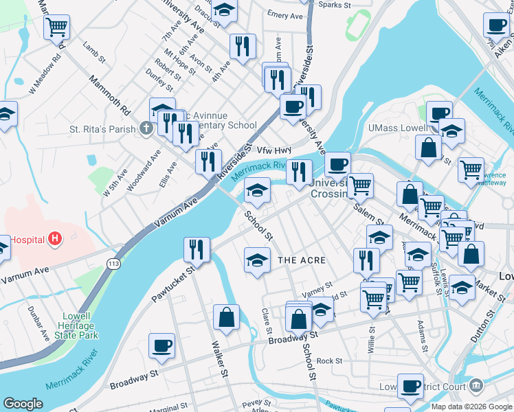 map of restaurants, bars, coffee shops, grocery stores, and more near 23 Mammoth Road in Lowell