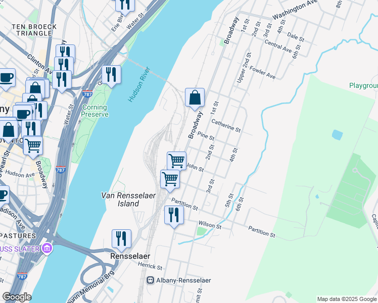 map of restaurants, bars, coffee shops, grocery stores, and more near 1059 Broadway in Rensselaer