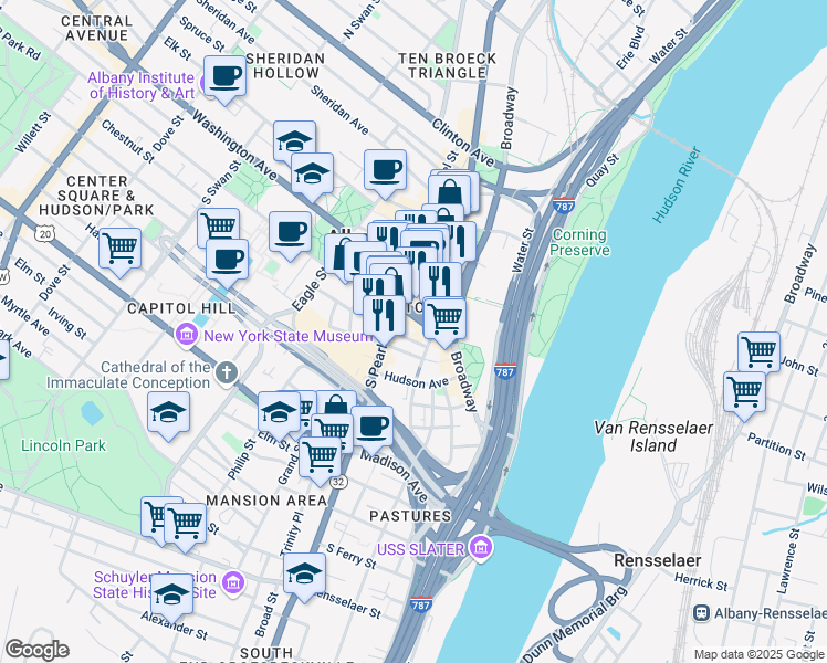 map of restaurants, bars, coffee shops, grocery stores, and more near 63 State Street in Albany