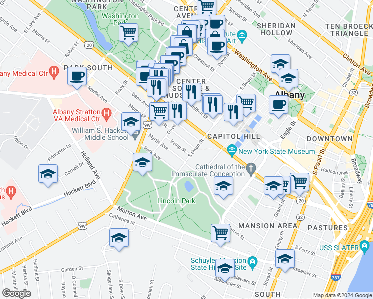 map of restaurants, bars, coffee shops, grocery stores, and more near 208 Elm Street in Albany