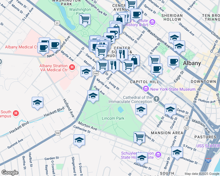 map of restaurants, bars, coffee shops, grocery stores, and more near 146 Dove Street in Albany