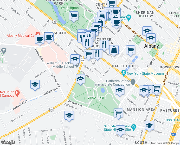 map of restaurants, bars, coffee shops, grocery stores, and more near 146 Dove Street in Albany