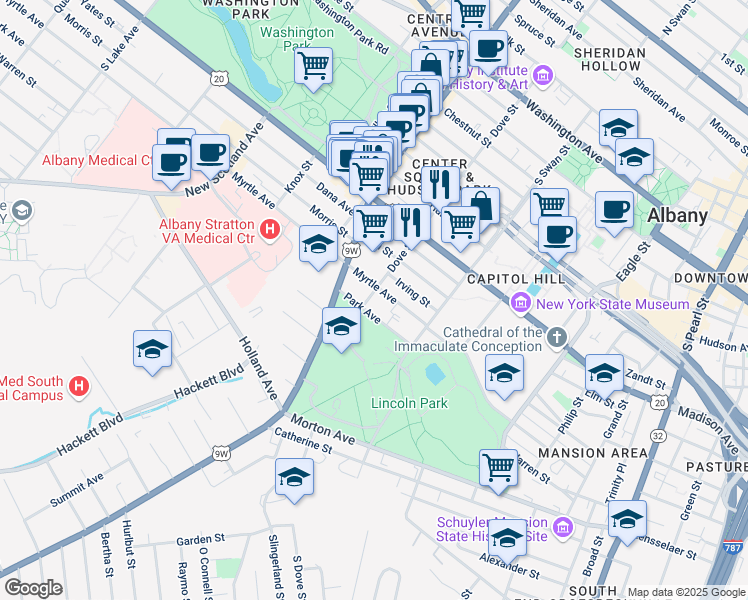 map of restaurants, bars, coffee shops, grocery stores, and more near 146 Dove Street in Albany