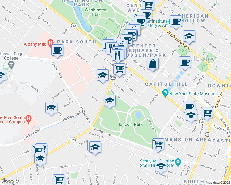 map of restaurants, bars, coffee shops, grocery stores, and more near 56 Delaware Avenue in Albany