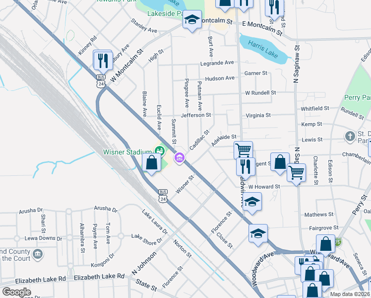 map of restaurants, bars, coffee shops, grocery stores, and more near 17 Pingree Avenue in Pontiac