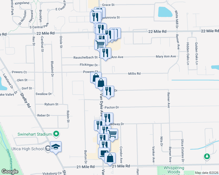 map of restaurants, bars, coffee shops, grocery stores, and more near 48188 Van Dyke Avenue in Shelby Charter Township