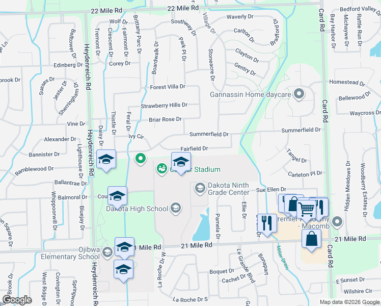 map of restaurants, bars, coffee shops, grocery stores, and more near 21217 Fairfield Drive in Macomb
