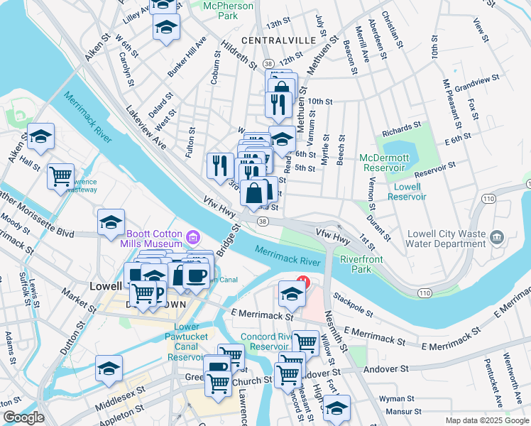 map of restaurants, bars, coffee shops, grocery stores, and more near 18 1st Street in Lowell
