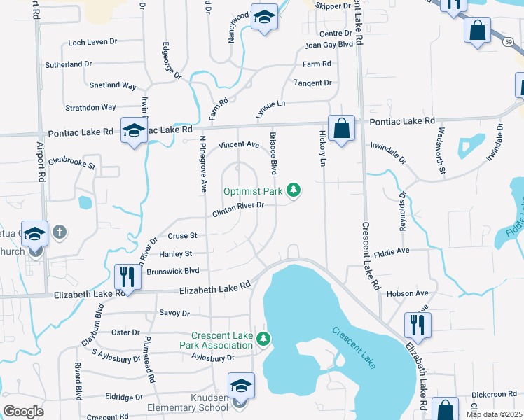map of restaurants, bars, coffee shops, grocery stores, and more near 5299 Clinton River Drive in Waterford Township