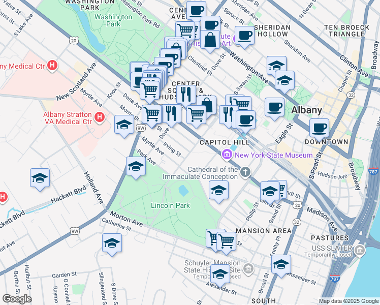 map of restaurants, bars, coffee shops, grocery stores, and more near Elm Street in Albany