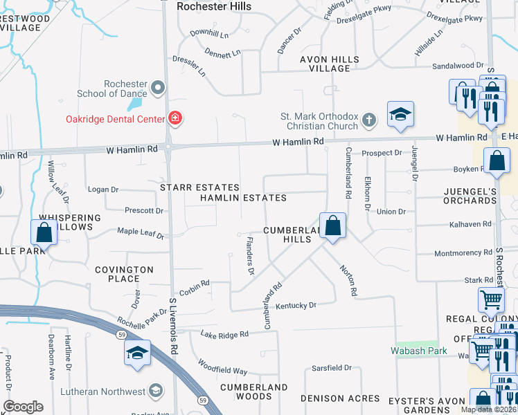map of restaurants, bars, coffee shops, grocery stores, and more near 2167 Warrington Road in Rochester Hills