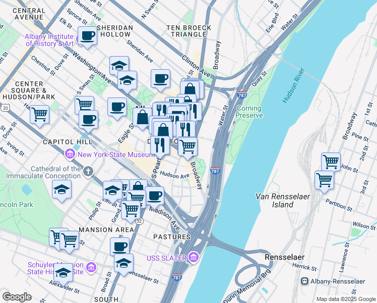map of restaurants, bars, coffee shops, grocery stores, and more near 35 State Street in Albany
