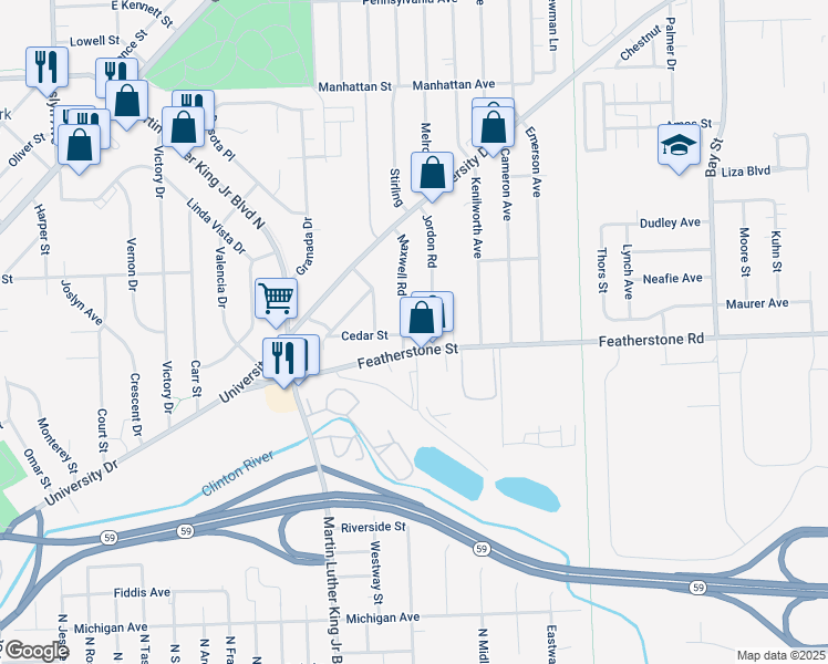 map of restaurants, bars, coffee shops, grocery stores, and more near 409 Maxwell Road in Pontiac