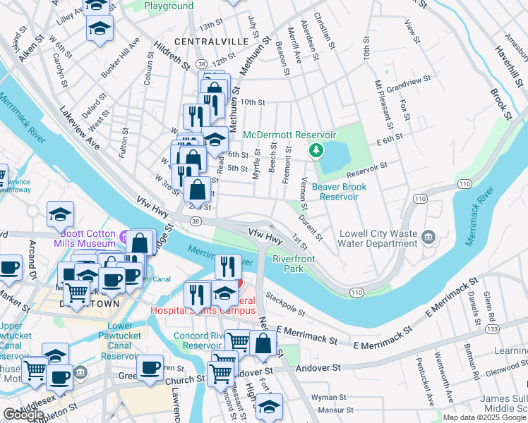 map of restaurants, bars, coffee shops, grocery stores, and more near 140 1st Street in Lowell