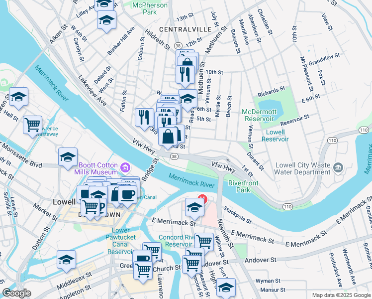 map of restaurants, bars, coffee shops, grocery stores, and more near 40 2nd Street in Lowell