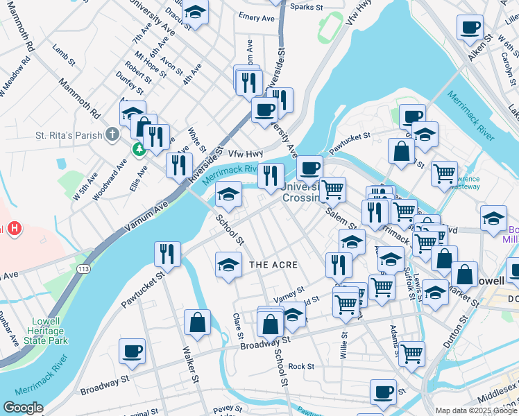 map of restaurants, bars, coffee shops, grocery stores, and more near 287 Pawtucket Street in Lowell