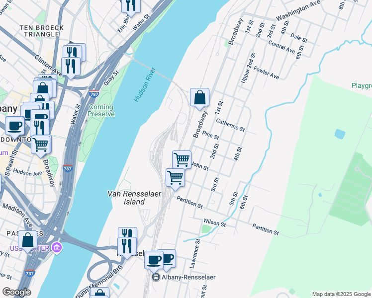 map of restaurants, bars, coffee shops, grocery stores, and more near 1059 Broadway in Rensselaer