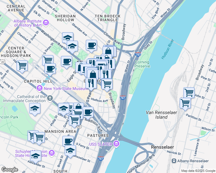 map of restaurants, bars, coffee shops, grocery stores, and more near 445 Broadway in Albany