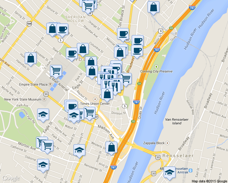 map of restaurants, bars, coffee shops, grocery stores, and more near 63 State Street in Albany