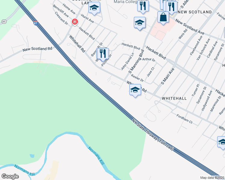 map of restaurants, bars, coffee shops, grocery stores, and more near Whitehall Court in Albany
