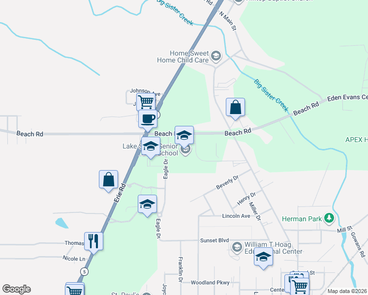map of restaurants, bars, coffee shops, grocery stores, and more near 959 Beach Road in Angola