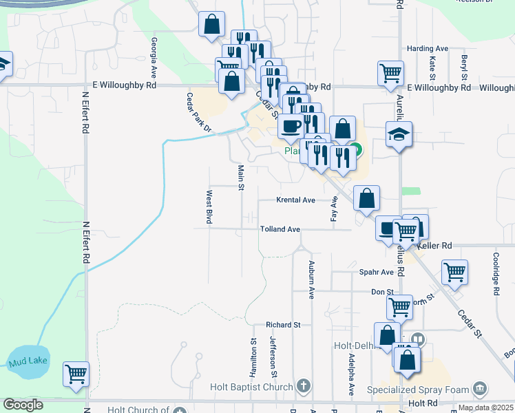 map of restaurants, bars, coffee shops, grocery stores, and more near 2323 Wemple Street in Delhi charter Township