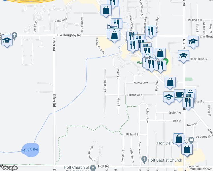 map of restaurants, bars, coffee shops, grocery stores, and more near 2305 West Boulevard in Delhi charter Township