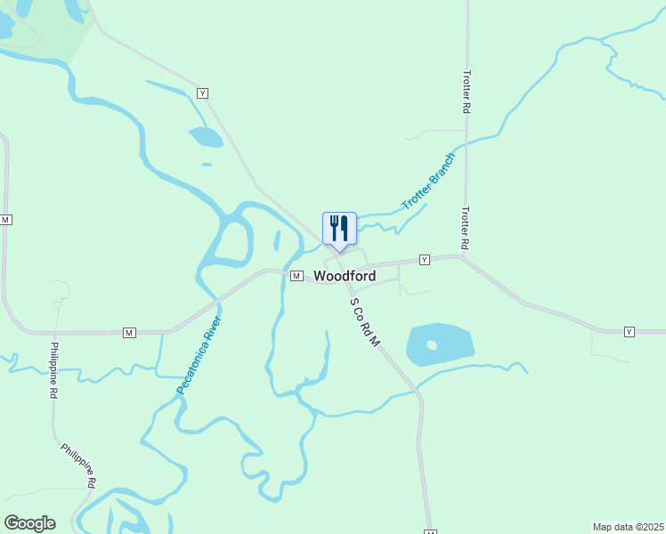 map of restaurants, bars, coffee shops, grocery stores, and more near 10616 County Road M in Woodford