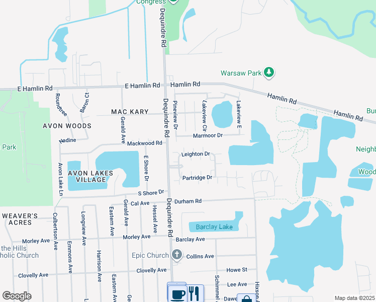 map of restaurants, bars, coffee shops, grocery stores, and more near 2071 Leighton Drive in Shelby Township