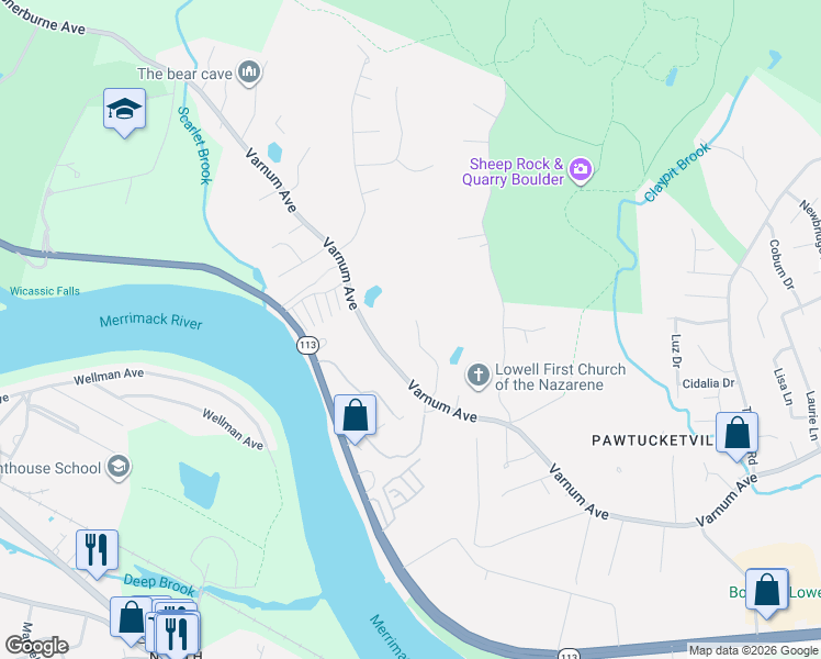 map of restaurants, bars, coffee shops, grocery stores, and more near 96 Elene Street in Lowell