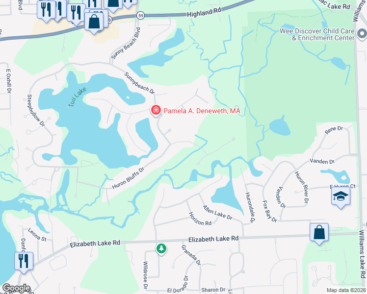 map of restaurants, bars, coffee shops, grocery stores, and more near 8915 Huron Bluffs Drive in White Lake charter Township